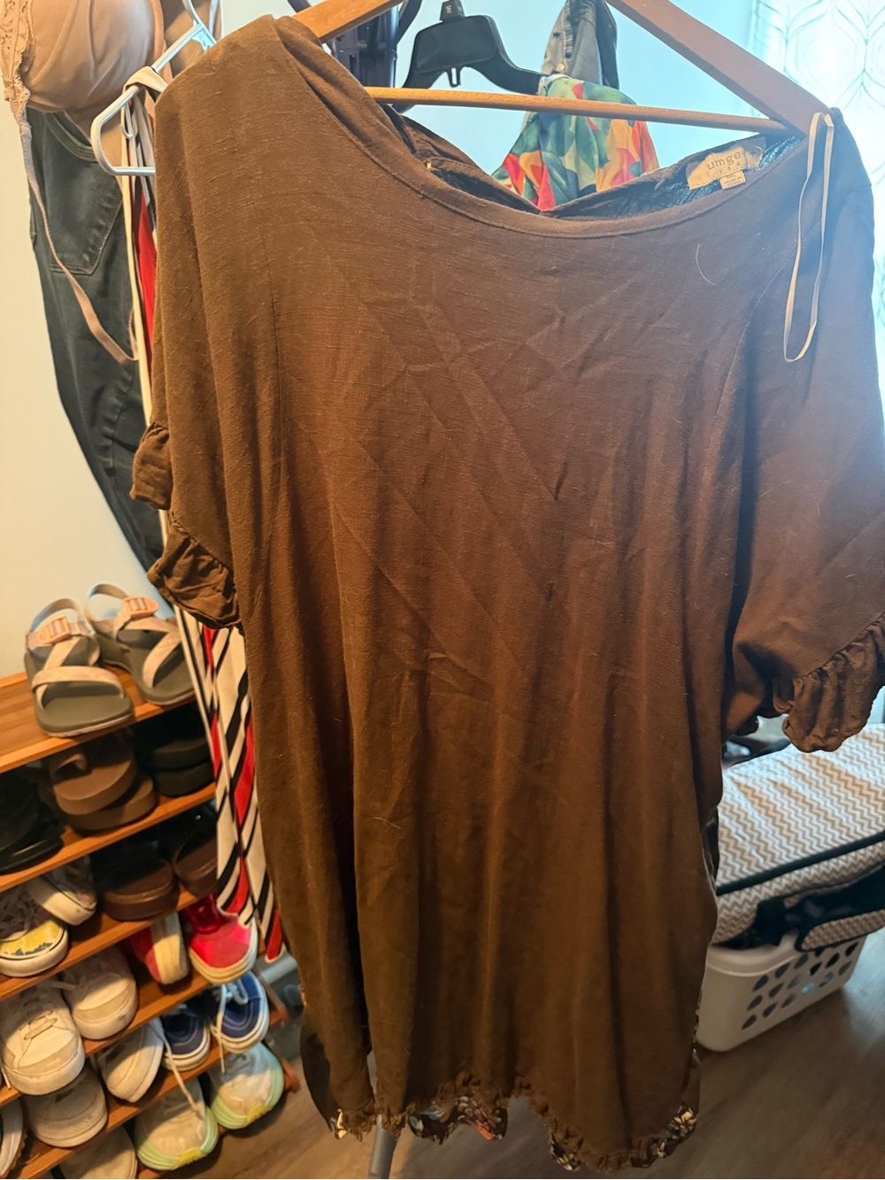 Umgee Brown Midi Dress with Ruffle Sleeve Detail